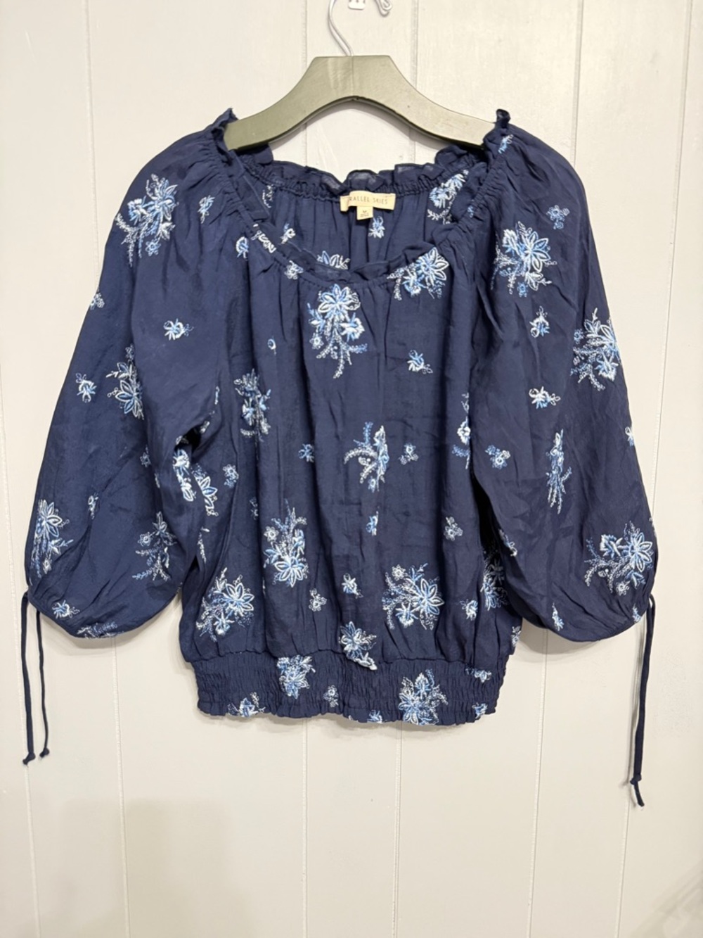 #15)  Embroidered Navy Floral Peasant Blouse - Sleeves with Ties